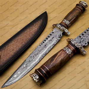 16" personalized Python High End Handmade Damascus Steel Mosaic Bowie Knife Hunting Knife 11 inches Blade with handle leather sheath