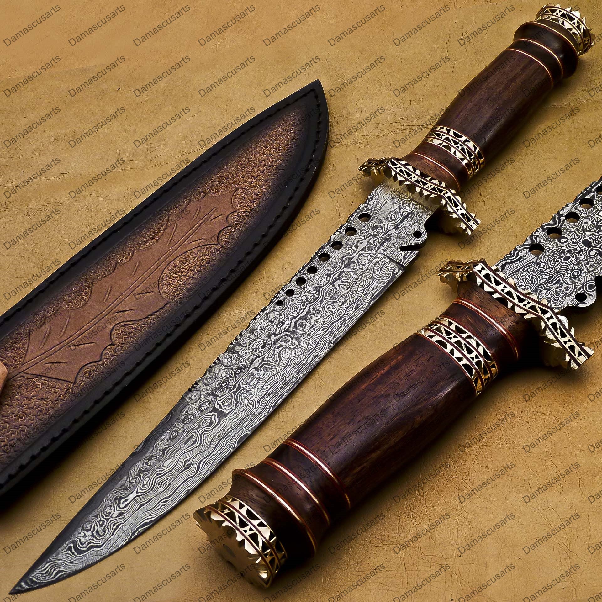 14" personalized Python High End Handmade Damascus Steel Mosaic Bowie Knife Hunting Knife 9 inches Blade with handle leather sheath