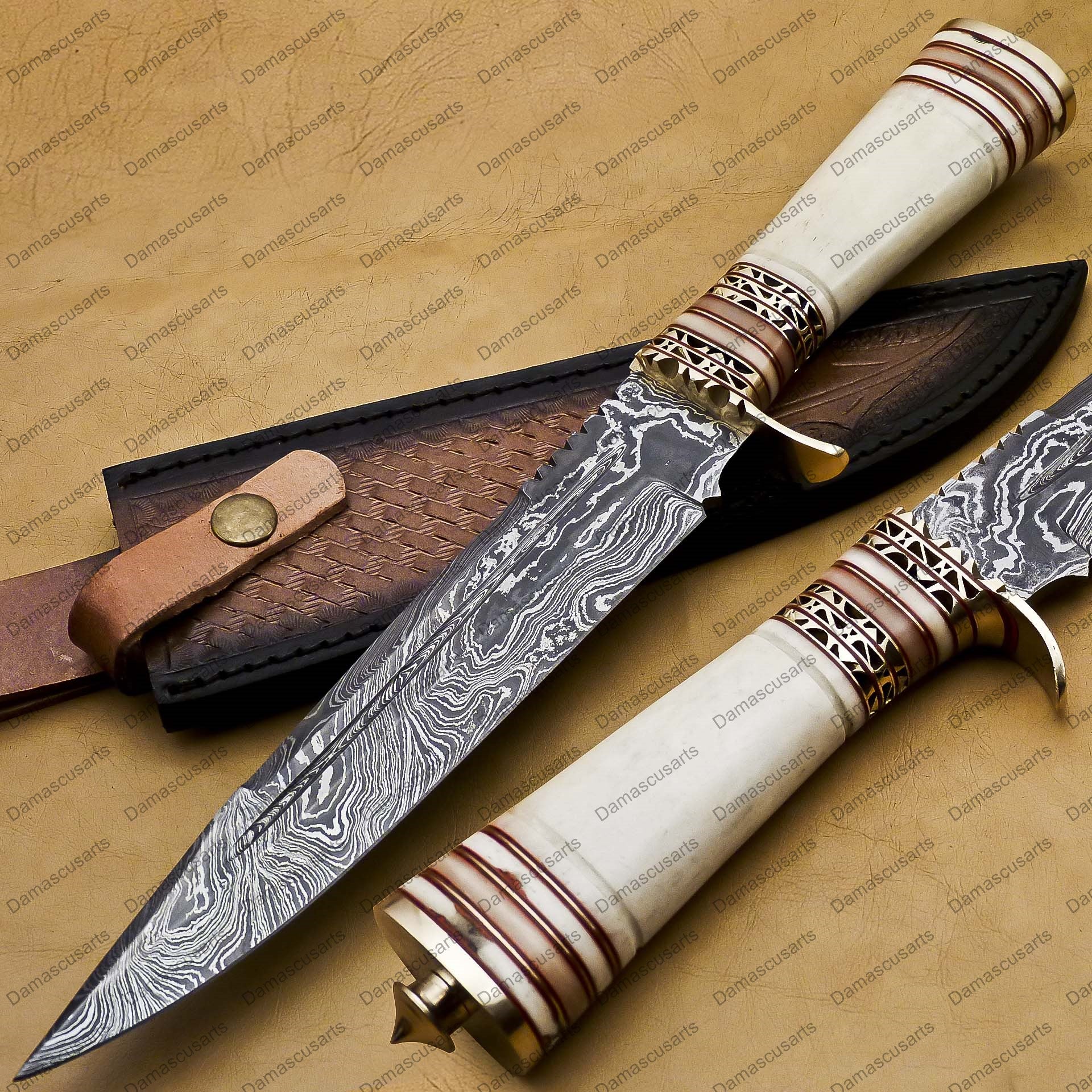 14" personalized Python High End Handmade Damascus Steel Mosaic Bowie Knife Hunting Knife 9 inches Blade with handle leather sheath