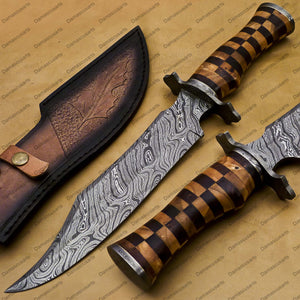 14" personalized Python High End Handmade Damascus Steel Mosaic Bowie Knife Hunting Knife 9 inches Blade with handle leather sheath