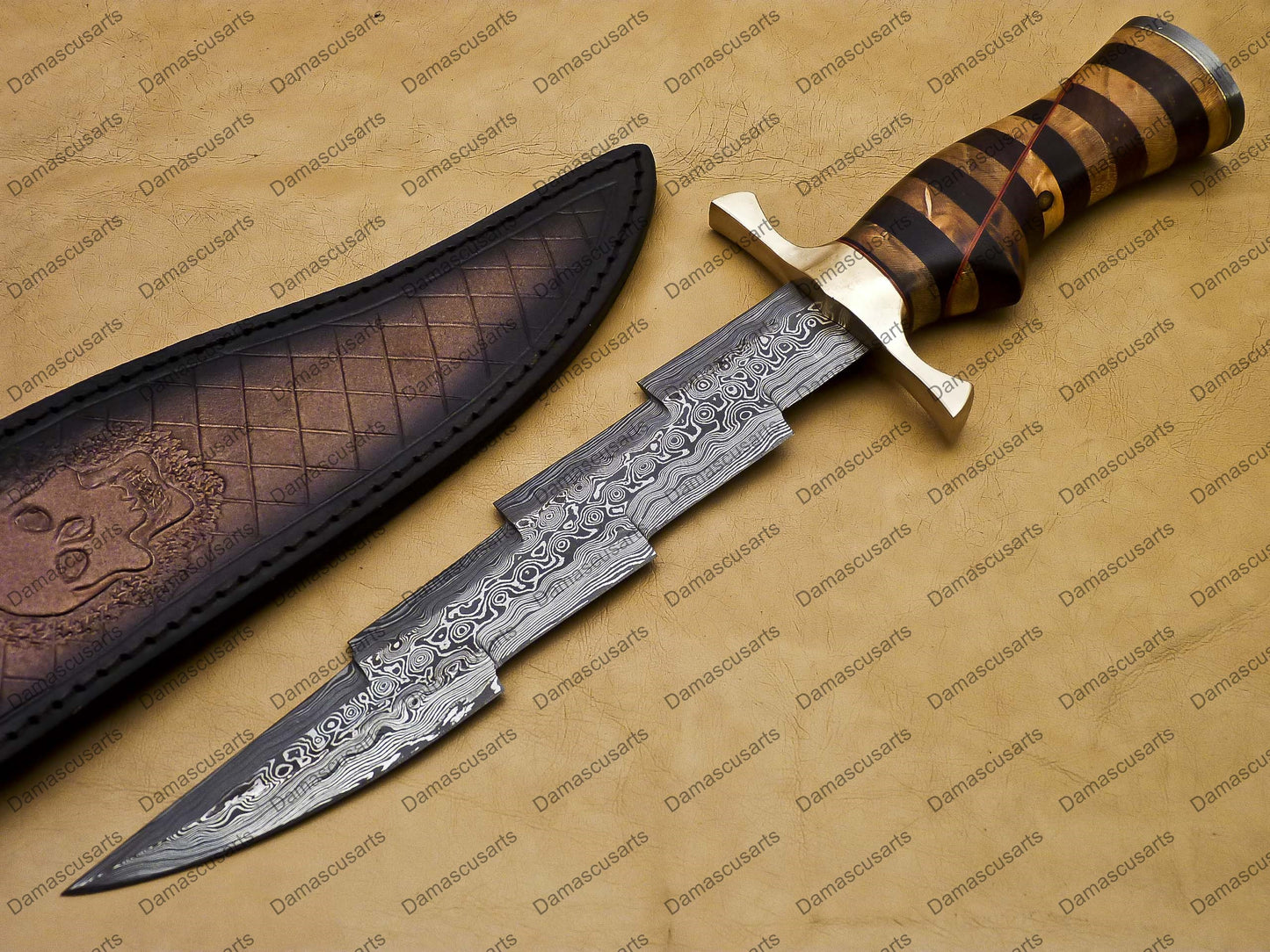 12" personalized Python High End Handmade Damascus Steel Mosaic Bowie Knife Hunting Knife 7 inches Blade with bone handle leather sheath