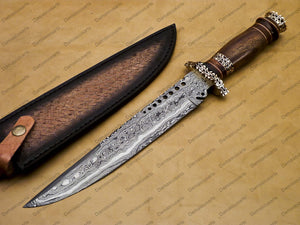 16" personalized Python High End Handmade Damascus Steel Mosaic Bowie Knife Hunting Knife 11 inches Blade with handle leather sheath