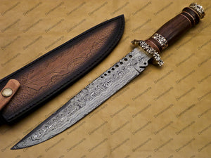 14" personalized Python High End Handmade Damascus Steel Mosaic Bowie Knife Hunting Knife 9 inches Blade with handle leather sheath