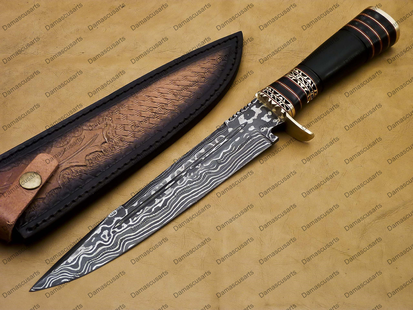 14" personalized Python High End Handmade Damascus Steel Mosaic Bowie Knife Hunting Knife 9 inches Blade with handle leather sheath