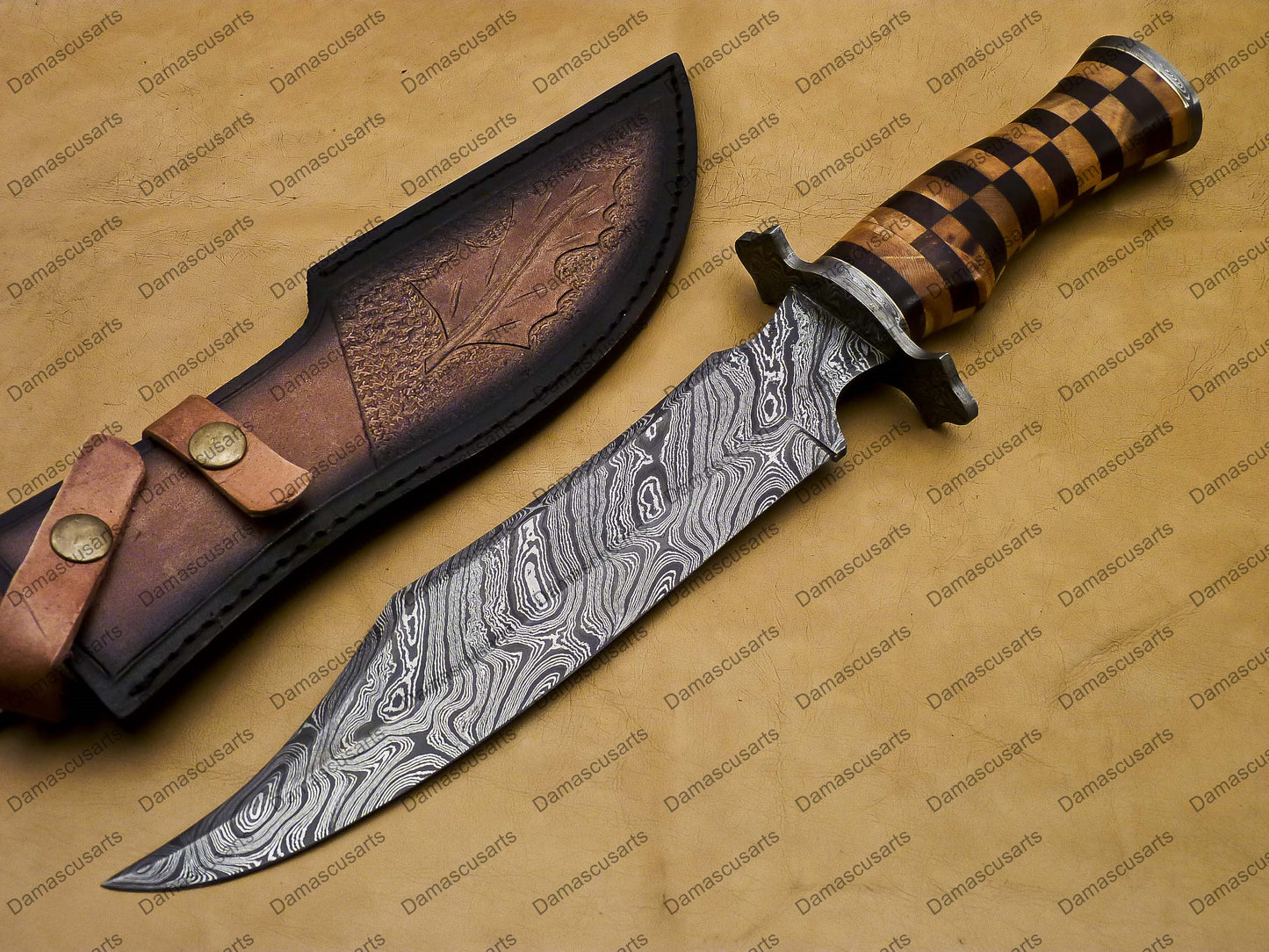 14" personalized Python High End Handmade Damascus Steel Mosaic Bowie Knife Hunting Knife 9 inches Blade with handle leather sheath