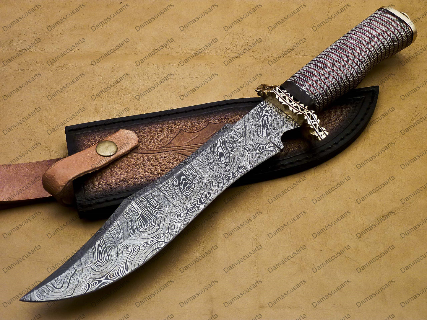 14" personalized Python High End Handmade Damascus Steel Mosaic Bowie Knife Hunting Knife 9 inches Blade with handle leather sheath