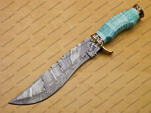 personalized Python High End Handmade Damascus Steel Mosaic Bowie Knife Hunting Knife 7 inches Blade with Marble handle leather sheath