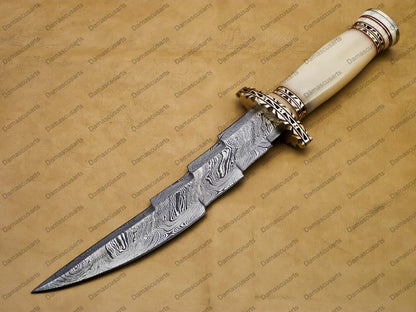 14" personalized Python High End Handmade Damascus Steel Mosaic Bowie Knife Hunting Knife 9 inches Blade with handle leather sheath