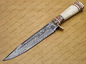 14" personalized Python High End Handmade Damascus Steel Mosaic Bowie Knife Hunting Knife 9 inches Blade with handle leather sheath