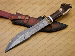 14" personalized Python High End Handmade Damascus Steel Mosaic Bowie Knife Hunting Knife 7 inches Blade with stage handle leather sheath