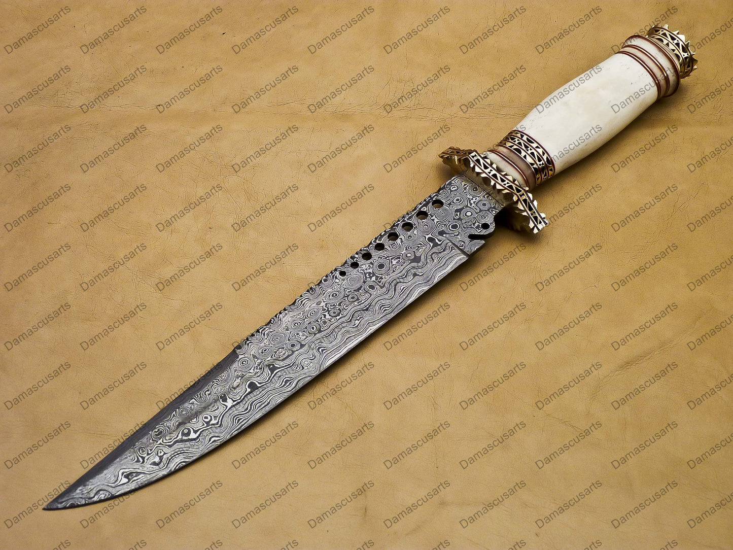 16" personalized Python High End Handmade Damascus Steel Mosaic Bowie Knife Hunting Knife 9 inches Blade with handle leather sheath