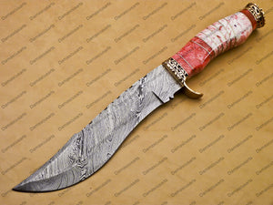 12" personalized Python High End Handmade Damascus Steel Mosaic Bowie Knife Hunting Knife 7 inches Blade with bone handle leather sheath