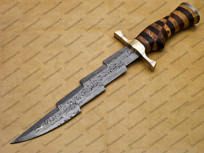 12" personalized Python High End Handmade Damascus Steel Mosaic Bowie Knife Hunting Knife 7 inches Blade with bone handle leather sheath