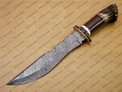 14" personalized Python High End Handmade Damascus Steel Mosaic Bowie Knife Hunting Knife 7 inches Blade with stage handle leather sheath