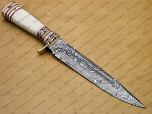 14" personalized Python High End Handmade Damascus Steel Mosaic Bowie Knife Hunting Knife 9 inches Blade with handle leather sheath