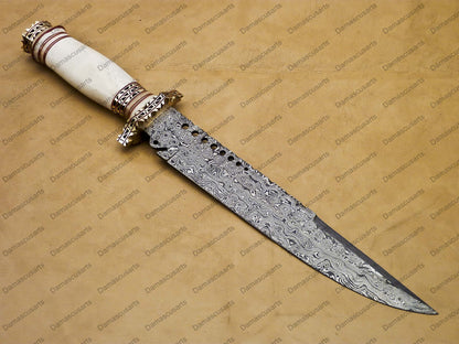 16" personalized Python High End Handmade Damascus Steel Mosaic Bowie Knife Hunting Knife 9 inches Blade with handle leather sheath