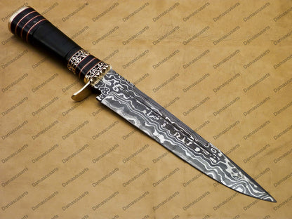 14" personalized Python High End Handmade Damascus Steel Mosaic Bowie Knife Hunting Knife 9 inches Blade with handle leather sheath