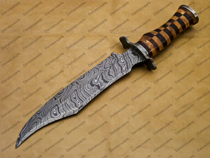 14" personalized Python High End Handmade Damascus Steel Mosaic Bowie Knife Hunting Knife 9 inches Blade with handle leather sheath