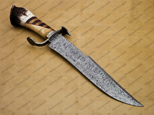 16" personalized Python High End Handmade Damascus Steel Mosaic Bowie Knife Hunting Knife 9 inches Blade with handle leather sheath