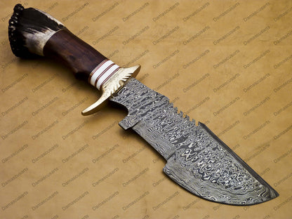 12" personalized Python High End Handmade Damascus Steel Mosaic Bowie Knife Hunting Knife 7 inches Blade with handle leather sheath