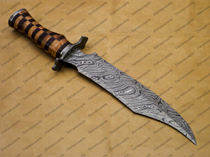 14" personalized Python High End Handmade Damascus Steel Mosaic Bowie Knife Hunting Knife 9 inches Blade with handle leather sheath