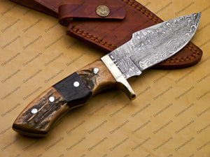 customize Custom Hand Made Forged Hunter Knife Damascus Steel Bowie Knife Handle Tali Wood With Leather Sheath