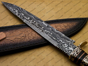 14" personalized Python High End Handmade Damascus Steel Mosaic Bowie Knife Hunting Knife 9 inches Blade with handle leather sheath