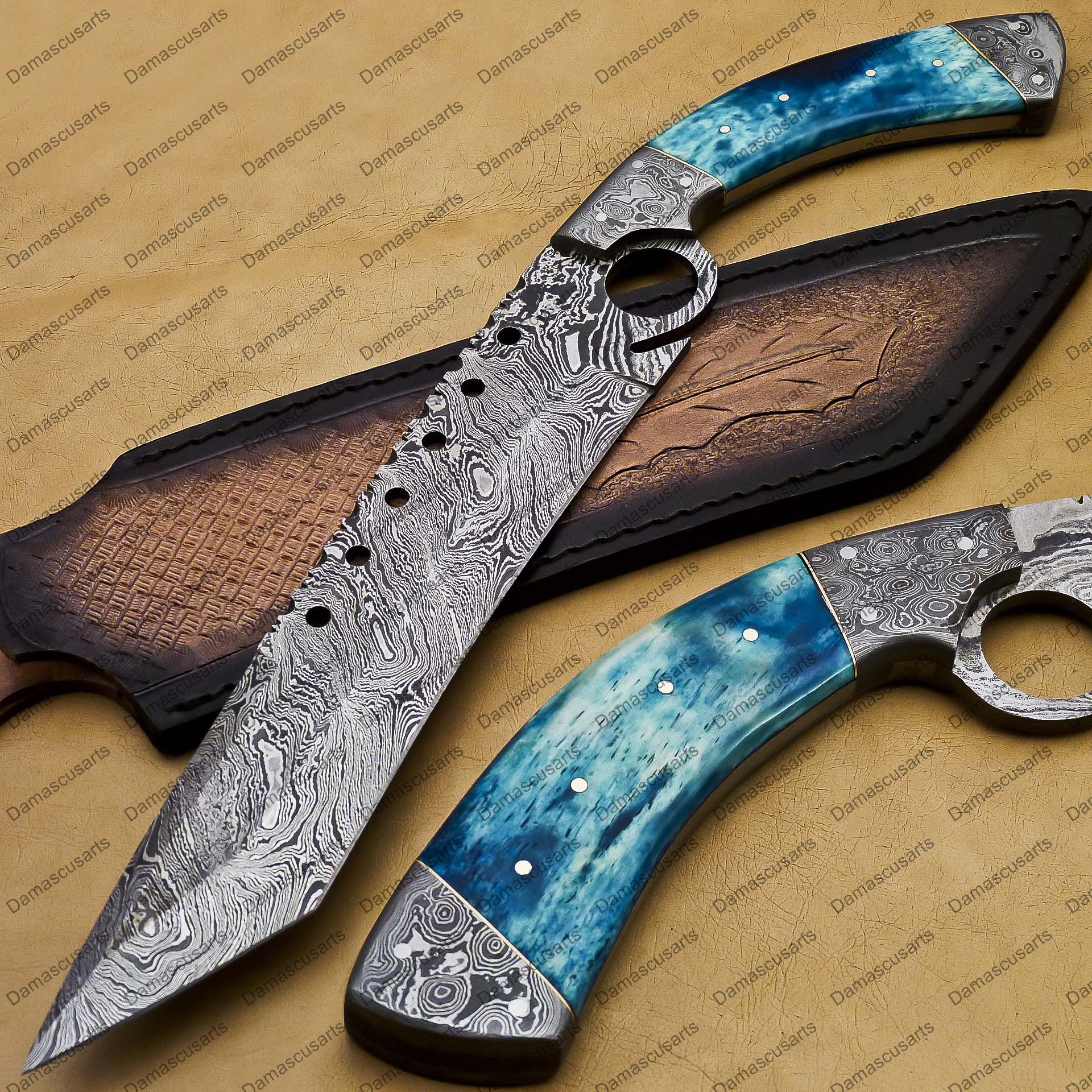 12" personalized Python High End Handmade Damascus Steel Mosaic Bowie Knife Hunting Knife 7 inches Blade with handle leather sheath