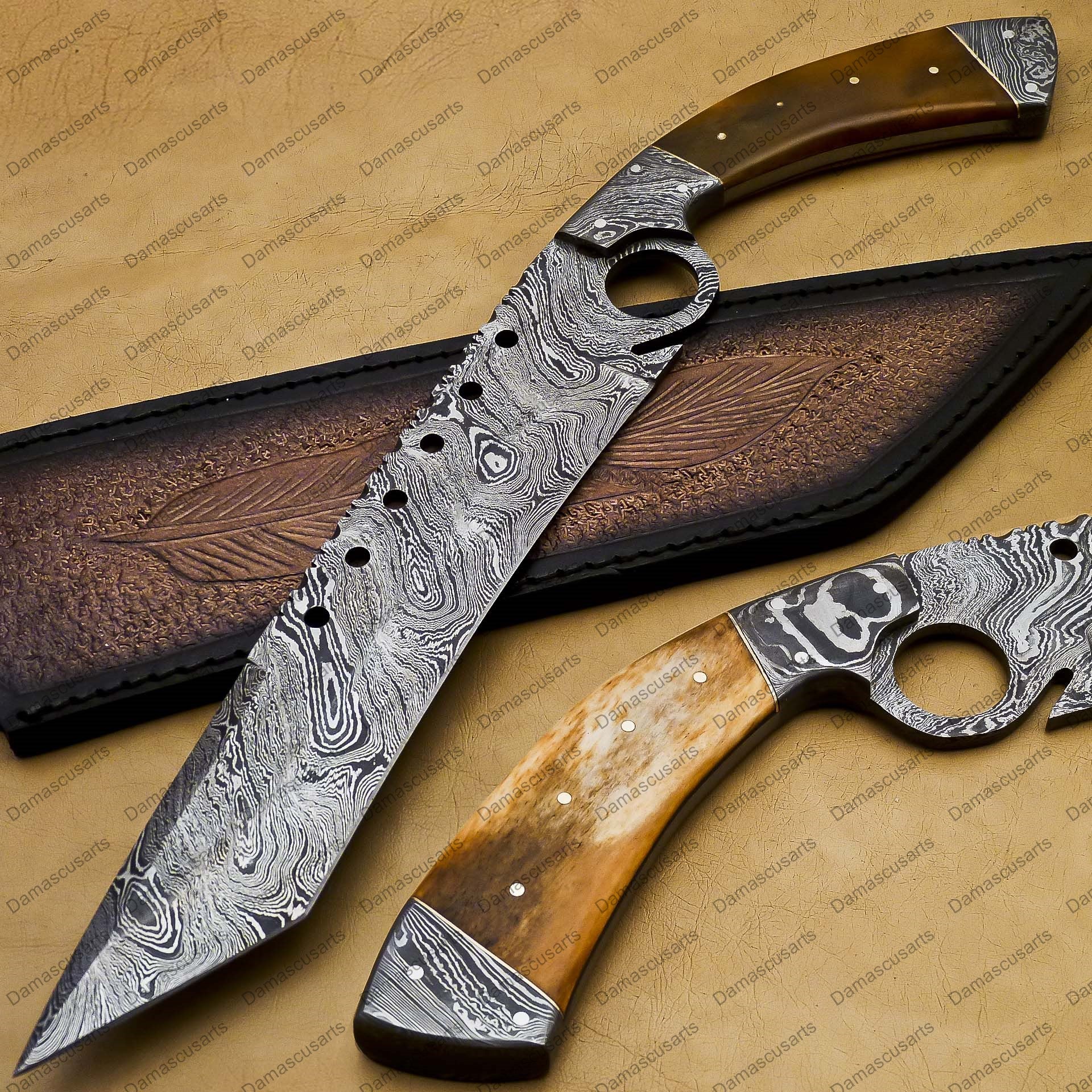 12" personalized Python High End Handmade Damascus Steel Mosaic Bowie Knife Hunting Knife 7 inches Blade with handle leather sheath