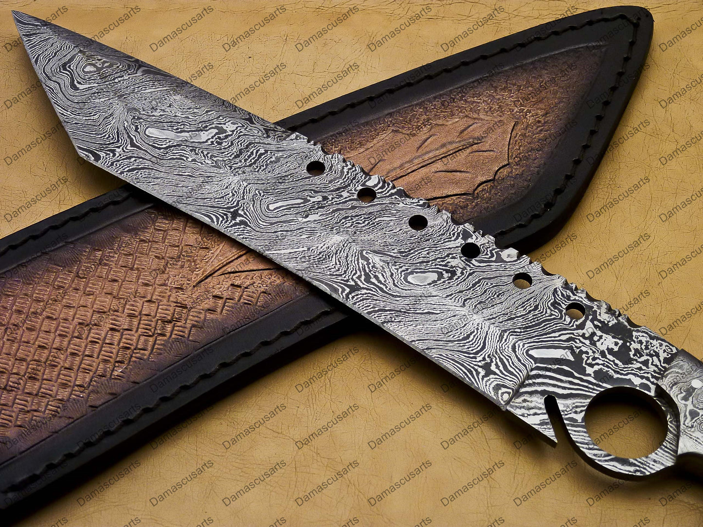 12" personalized Python High End Handmade Damascus Steel Mosaic Bowie Knife Hunting Knife 7 inches Blade with handle leather sheath