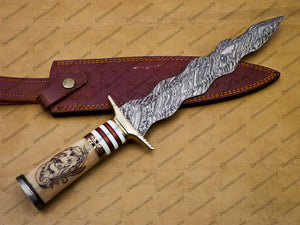 Customize Hand Made 16" Damascus Fixed Knives with Bone Inserted and Custom Tattoo Gift for Him, Gift for Her Groomsmen Gifts With Sheath