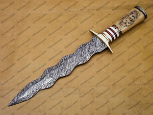 Customize Hand Made 16" Damascus Fixed Knives with Bone Inserted and Custom Tattoo Gift for Him, Gift for Her Groomsmen Gifts With Sheath