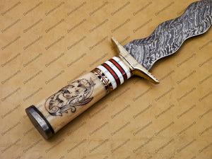 Customize Hand Made 16" Damascus Fixed Knives with Bone Inserted and Custom Tattoo Gift for Him, Gift for Her Groomsmen Gifts With Sheath