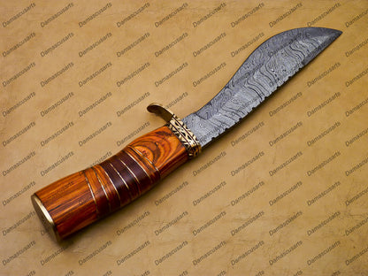 Customize Hand Made Damascus Fixed Blade Hunting Bowie Skinner Survival Handmade Knife Outdoor Bowie Damascus Knife with Leather Sheath