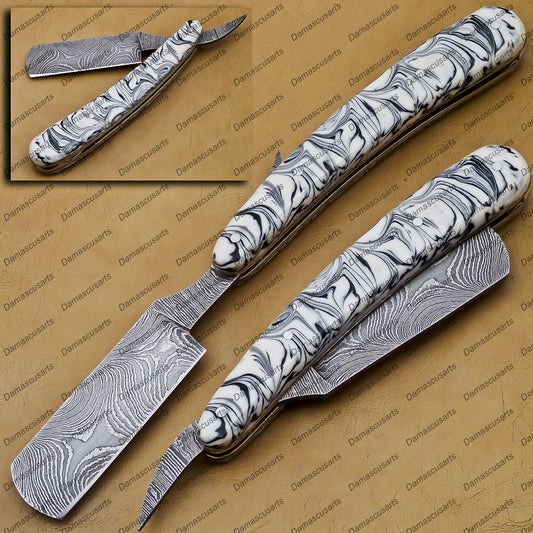 Handmade Damascus Folding Pocket Custom hand made Blade Straight Razor very sharp with leather sheath