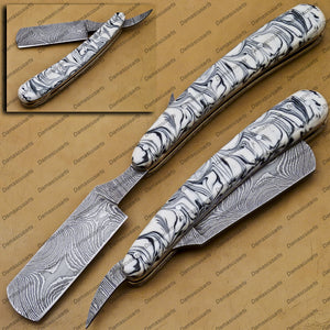 Handmade Damascus Folding Pocket Custom hand made Blade Straight Razor very sharp with leather sheath