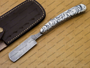 Handmade Damascus Folding Pocket Custom hand made Blade Straight Razor very sharp with leather sheath