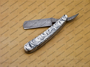 Handmade Damascus Folding Pocket Custom hand made Blade Straight Razor very sharp with leather sheath