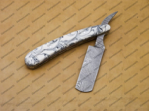 Handmade Damascus Folding Pocket Custom hand made Blade Straight Razor very sharp with leather sheath