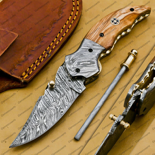 Personalized Hand Made Hephaestus 7.5 Long Damascus Pocket Knives with Titanium Handle with Paddock Wood and a Grade Green Ruby , Diamond