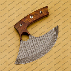 Engrave able Handmade Damascus Chef Kitchen Ulu Knife Chef Knife Heavy Duty Damascus Handle Koa Wood with Leather Sheeth GIFT IDEA