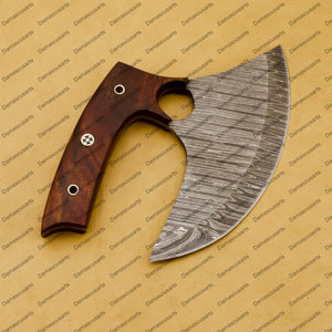 Engrave able Handmade Damascus Chef Kitchen Ulu Knife Chef Knife Heavy Duty Damascus Handle Koa Wood with Leather Sheeth GIFT IDEA