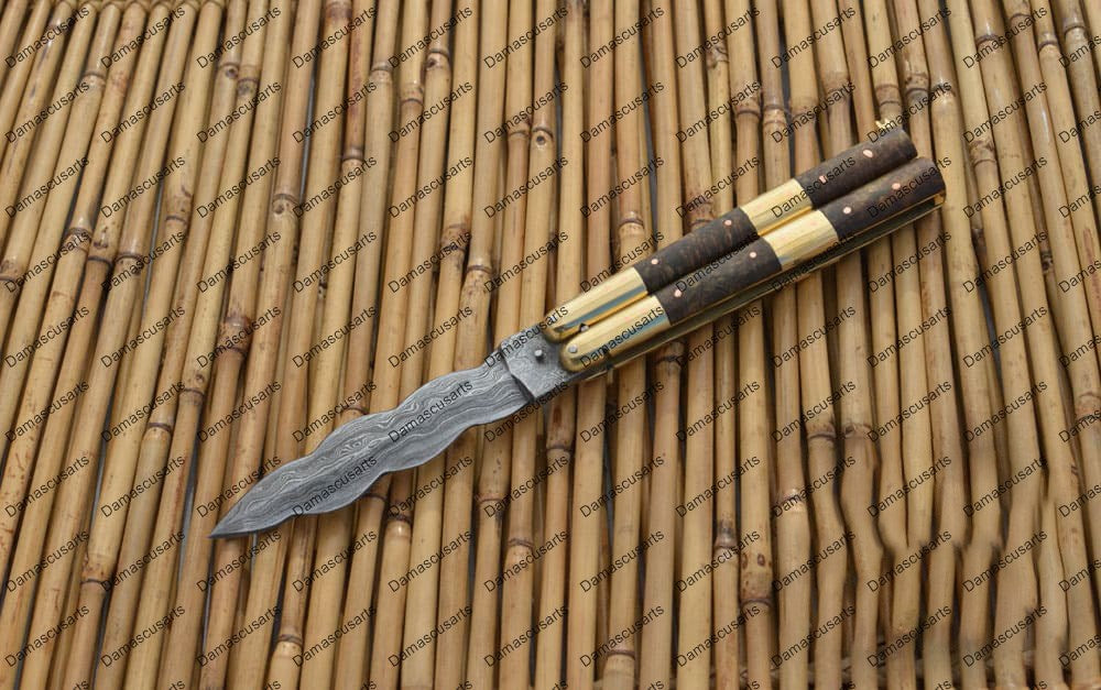 Personalized Custom Handmade D2 Tool Steel Original Filipino Balisong Butterfly Knife Brass with Narra Burl Wood with Leather Sheath