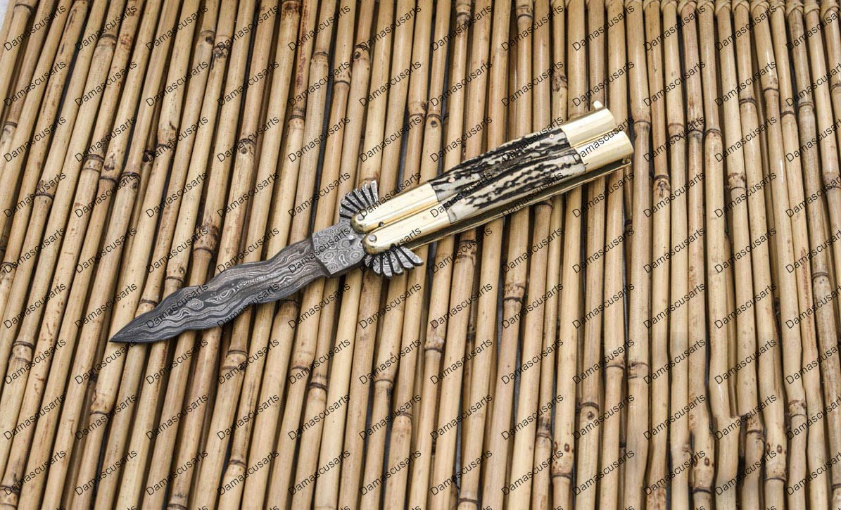 Personalized Custom Handmade D2 Tool Steel Original Filipino Balisong Butterfly Knife Brass with Philippine Sambar Stag Horn Inserts with Leather Sheath