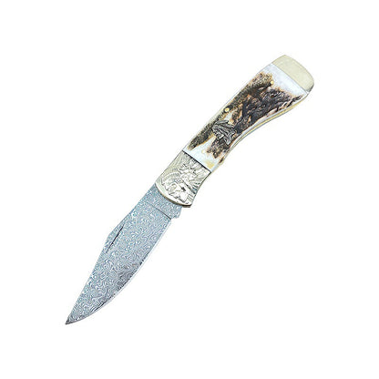 Antler Pocket Outdoor Damascus Folding Knife