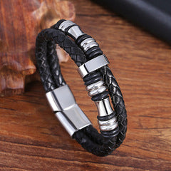 Double Layer Leather Rope Bracelet Men's Stainless Steel Genuine Leather Leather Bracelet Handmade Leather Bracelet Buckle Bracelet Jewelry