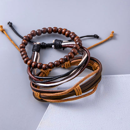 Vintage Multilayer Leather Adjustable Bracelets For Women Men Wooden Beaded Bracelet Ethnic Wrap Bracelets