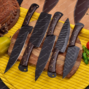 Carbon Steel Chef Knife Set With Rolling Leather Bag Black