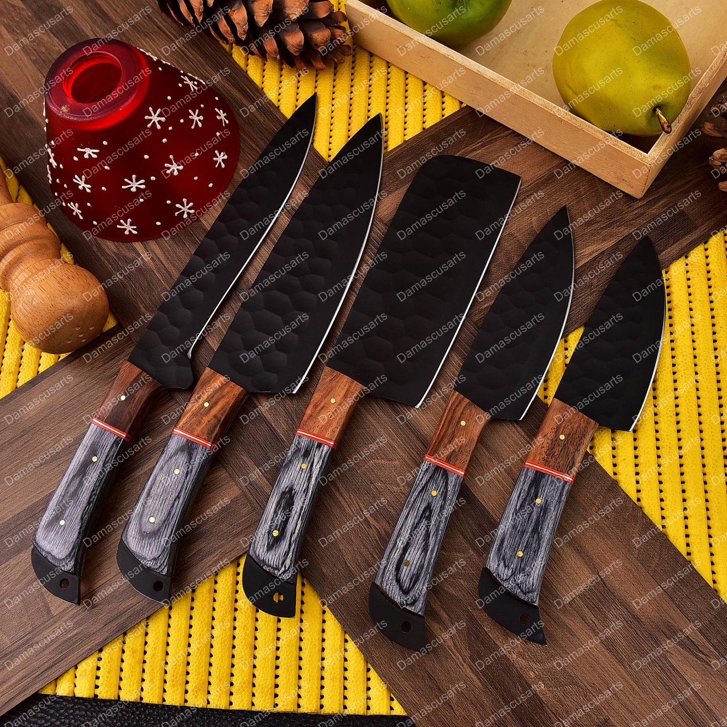 Carbon Steel Chef Knife Set With Rolling Leather Bag Gray