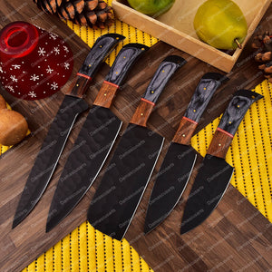 Carbon Steel Chef Knife Set With Rolling Leather Bag Gray